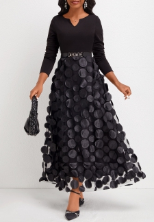 Patchwork Black Split Neck Long Sleeve Maxi Dress