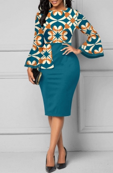 Tribal Print Patchwork Peacock Blue Long Sleeve Bodycon Dress