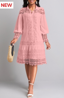Lace Light Pink Long Sleeve Shirt Collar Shift Dress
