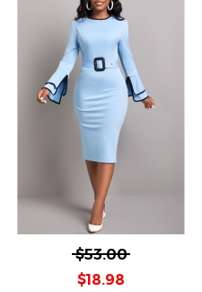Contrast Binding Belted Light Blue Bodycon Dress