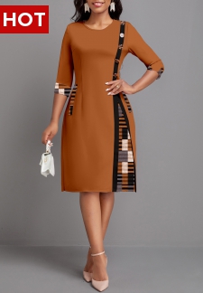 Geometric Print Patchwork Dark Coffee Round Neck Dress