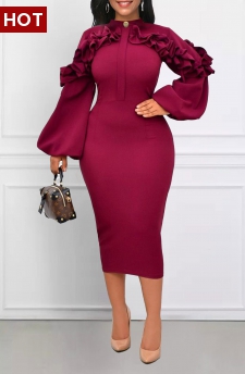 Frill Stand Collar Wine Red Bodycon Dress