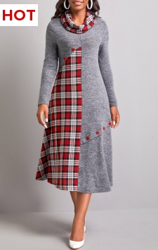 Tartan Print Button Dark Grey Dress