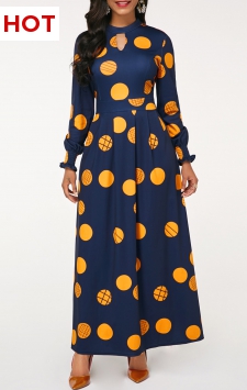 Polka Dot Cut Out Navy Long Sleeve Maxi Dress