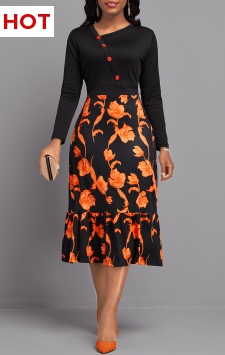 Floral Print Button Black Long Sleeve Asymmetrical Neck Dress