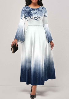 Ombre Zipper White Long Sleeve Round Neck Dress
