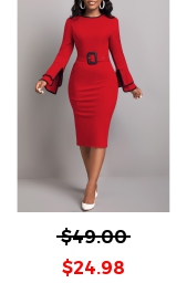 Contrast Binding Belted Wine Red Bodycon Dress