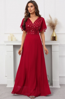 Sequin Red Short Sleeve V Neck Dress