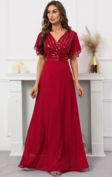 Sequin Red Short Sleeve V Neck Dress