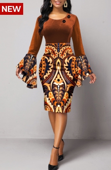 Tribal Print Velvet Dark Coffee Long Sleeve Bodycon Dress