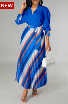 Striped Pleated Belted Royal Blue Cross Collar Dress