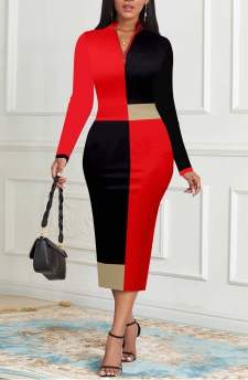 Geometric Print Black Stand Collar Bodycon Dress