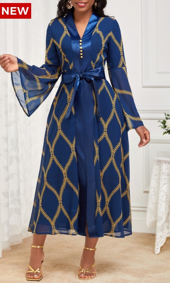 Tribal Print Patchwork Belted Navy Long Sleeve Dress