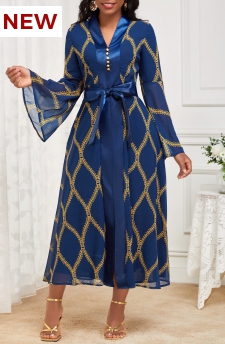 Tribal Print Patchwork Belted Navy Long Sleeve Dress