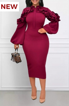 Frill Stand Collar Wine Red Bodycon Dress