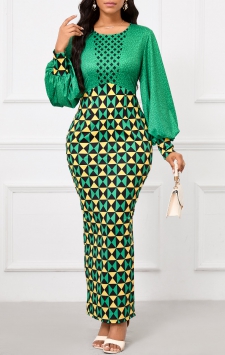Geometric Print Patchwork Green Maxi Bodycon Dress