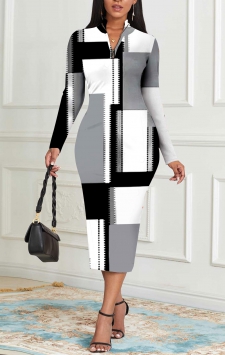 Geometric Print Zipper Grey Long Sleeve Bodycon Dress