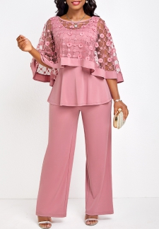 Boat Neck Breathable Pink Long Jumpsuit and Cardigan