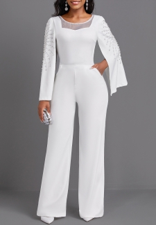 Beaded Long Round Neck White Jumpsuit