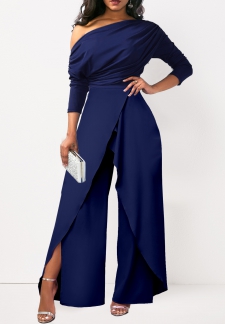 One Shoulder Asymmetry Navy Long Jumpsuit