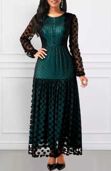 Polka Dot Button Blackish Green Long Sleeve Dress