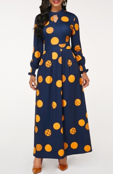 Polka Dot Cut Out Navy Long Sleeve Maxi Dress