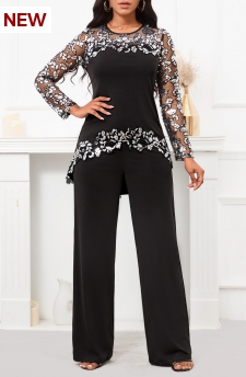 Sequin Black Mesh Long Round Neck Jumpsuit