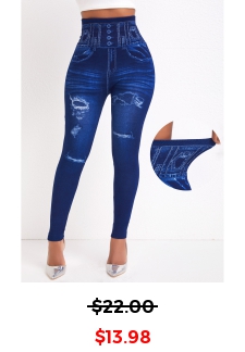 Denim-effect Print Denim Blue Elastic Waist Leggings