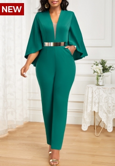 Pocket Green Ankle Length V Neck Jumpsuit