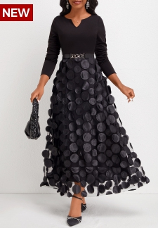 Patchwork Black Split Neck Long Sleeve Maxi Dress