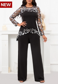 Sequin Black Mesh Long Round Neck Jumpsuit