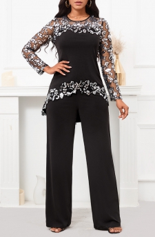 Sequin Black Mesh Long Round Neck Jumpsuit