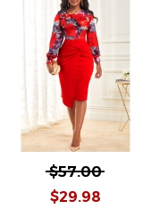 Floral Print Decorative Button Wine Red Dress
