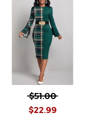 Plaid Patchwork Green Round Neck Bodycon Dress