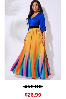 3/4 Sleeve Rainbow Stripe V Neck Dress