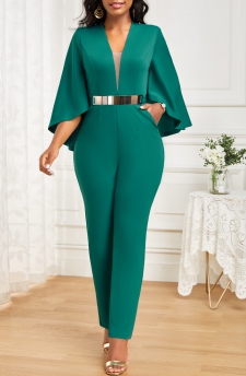 Pocket Green Ankle Length V Neck Jumpsuit