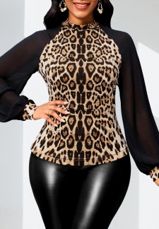 Leopard Patchwork Dark Camel Long Sleeve Stand Collar Blouse
