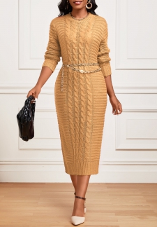 Long Sleeve Round Neck Light Camel Dress