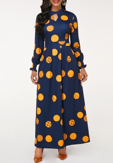 Polka Dot Cut Out Navy Long Sleeve Maxi Dress