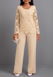 Lace Skin Color Long Round Neck Jumpsuit