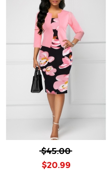 Floral Print Patchwork Pink Bodycon Dress