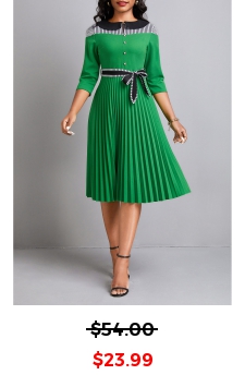 Striped Pleated Belted Green Peter Pan Collar Dress