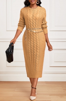 Long Sleeve Round Neck Light Camel Dress