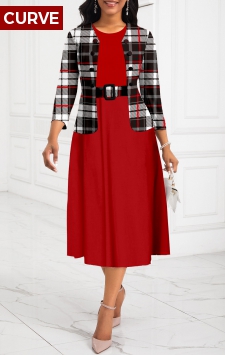 Plus Size Red Two Piece Plaid Belted Dress