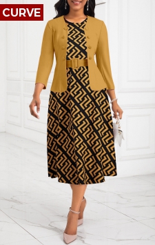Plus Size Ginger Two Piece Geometric Print Belted Dress