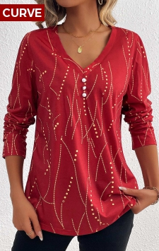 Plus Size Wine Red Button Geometric Print T Shirt