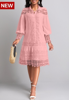 Lace Light Pink Long Sleeve Shirt Collar Shift Dress