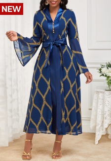 Tribal Print Patchwork Belted Navy Long Sleeve Dress