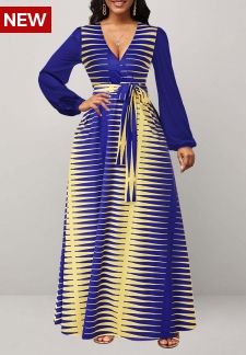 Chevron Print Surplice Belted Dark Blue Maxi Dress