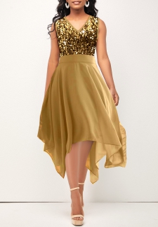 Golden V Neck Sleeveless Sequin Dress